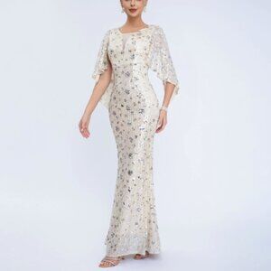 NWT Silver Sequin Mermaid Gown Capelet Sleeve Maxi Dress